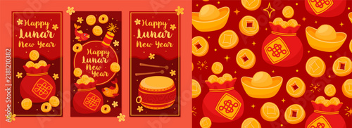 Holiday card or money envelope design and seamless pattern for Lunar New Year, Chinese New Year. Lucky money bag, gold coins, drum, carp fish on red background. Symbol of wealth, prosperity.