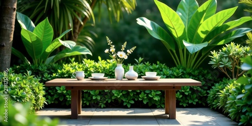 Serene outdoor patio setting with wooden coffee table, elegant white ceramic tableware, and a delicate bouquet of white flowers in minimalist vases, surrounded by lush green foliage