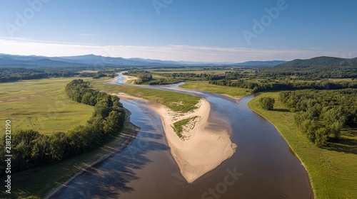 sandbar. Aerial view of a river split by a sandbar, creating two streams through green landscape. travel magazines, destination branding, designed for outdoor magazines and nature guides.