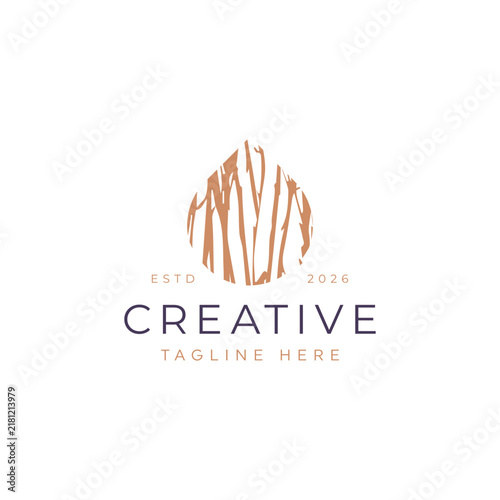 An elegant, minimalist creative logo featuring a water drop emblem with an abstract wood texture.
