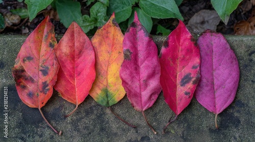shrubbery. Autumn leaves arranged in a garden, showcasing seasonal patterns from a ground perspective with soft natural light. representing seasonal cycles and harvest abundance.