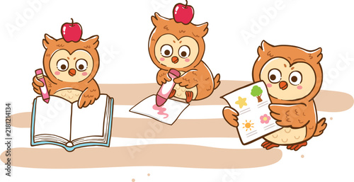 Cute Owl Holding Crayon with Open Book Cartoon Hand Drawn Illustration