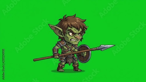 Angry goblin warrior character holding a spear and shield on green screen background