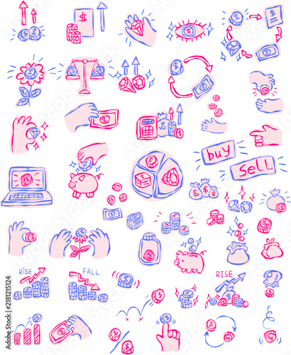 Trendy neon vector financial business infographic elements and UX UI doodle icons set with pink and blue lines, creative money metaphors for web design.