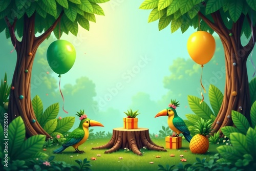 A whimsical celebration in a lush green forest with two adorned birds, presents, and festive balloons