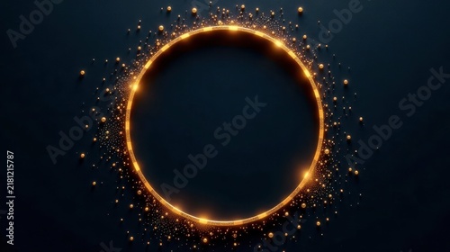 Glimmering Gold Circle Frame with Scattered Golden Spheres on Dark Background Perfect for Elegant Design Projects