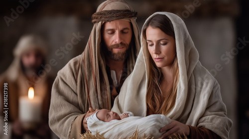 The birth of Jesus as Mary and Joseph lovingly embrace the newborn child in Bethlehem