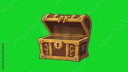 Cartoon wooden treasure chest with gold trim and padlock on a green screen background