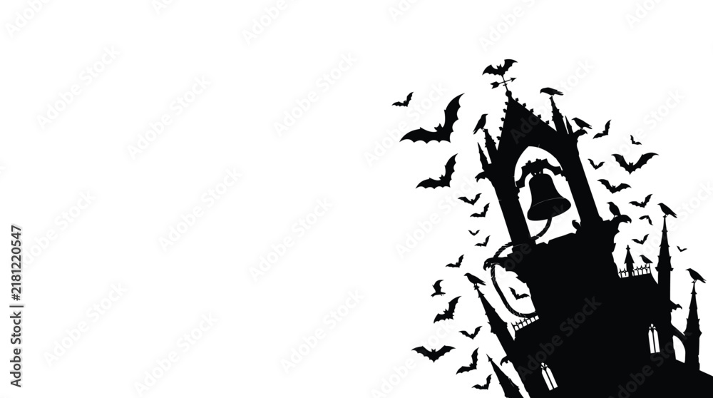 Fototapeta premium Haloween border Spooky Gothic Bell Tower Silhouette, Flying Bats Horror Scene, Black Halloween Grunge Vector Illustration, Monster Bat Swarm isolated on White Background editable eps