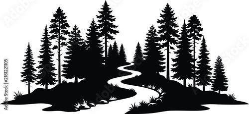 Winding river path through a forest silhouette depicts a curved stream flowing between numerous tall pine trees on undulating terrain, creating a serene natural landscape.