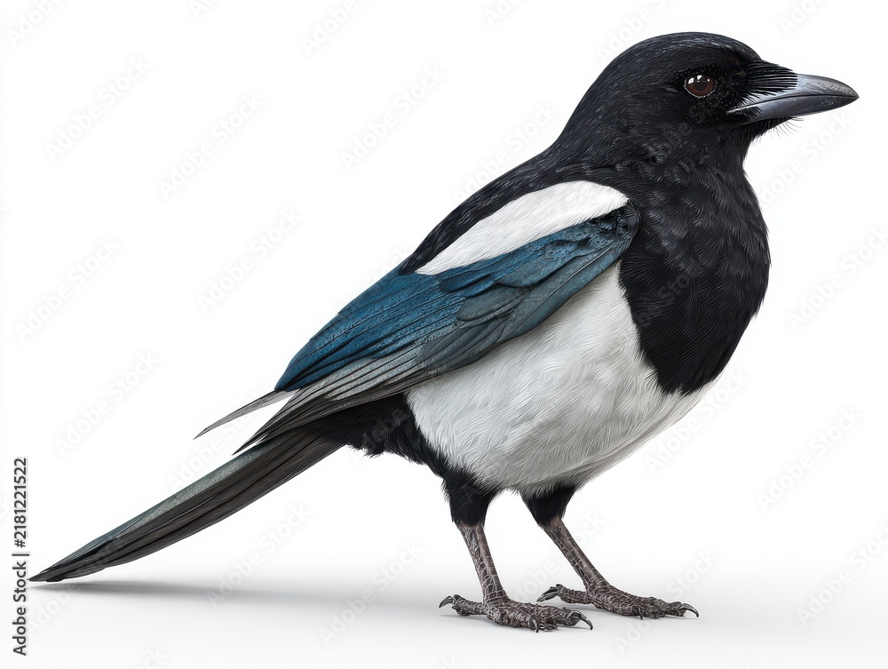 Fototapeta premium Full Body Portrait Of A Eurasian Magpie With Black And White Plumage On A Plain White Background