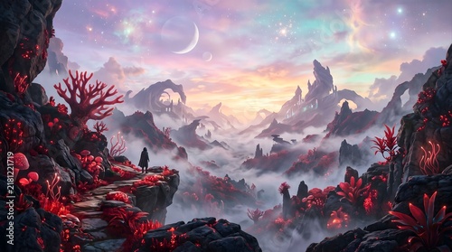 Surreal mountain valley filled with red coral-like flora beneath a crescent moon and pastel sky, creating a dreamlike fantasy landscape for imaginative editorial and decorative use.