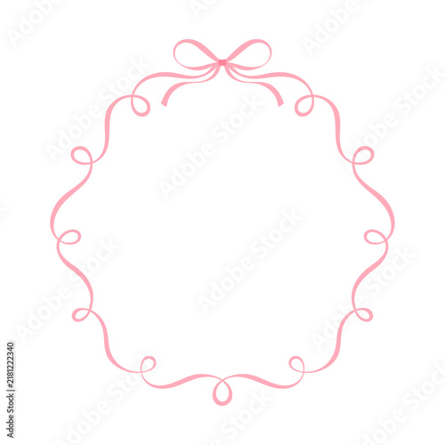 Delicate pink wavy circular frame tied with a bow at the top, isolated on transparent background, hand drawn calligraphic line, Vector illustration