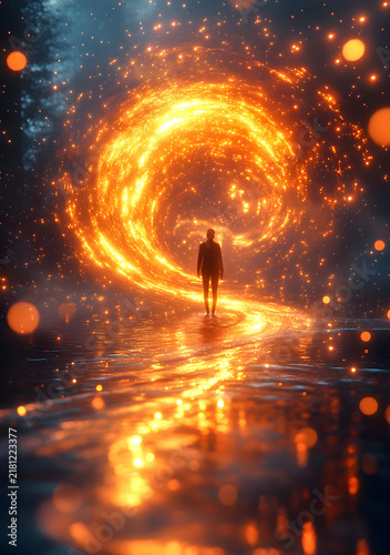 Person Walking Toward a Magical Golden Light Portal