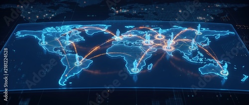 Global Network Connections on Digital World Map with Glowing Lines and Data Flow.
