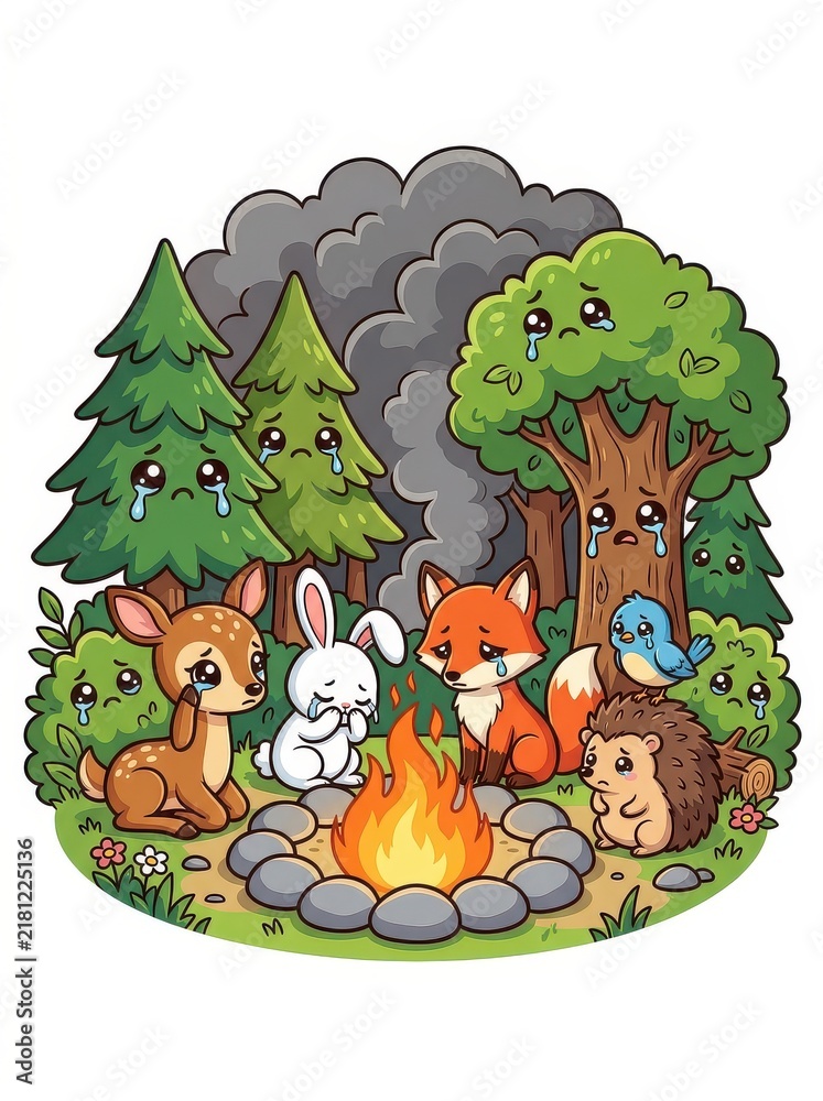 Fototapeta premium Cute Cartoon Forest Animals and Trees Crying Around a Campfire, Environmental Awareness Illustration of Forest Fire Impact