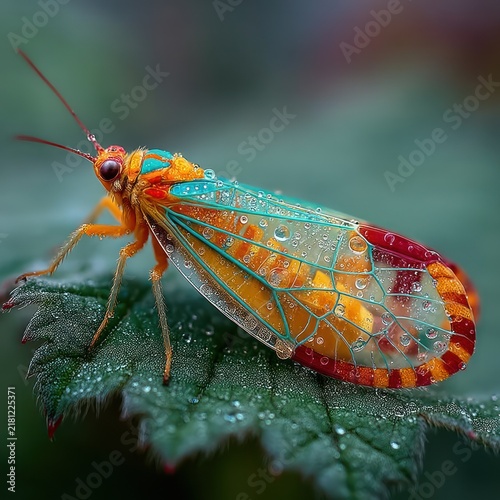 Close-up of a colorful insect with transparent wings on a textured green leaf, water droplets