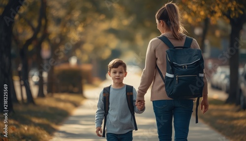 Mother and young son walking home from school during autumn