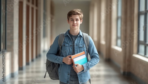 Smiling student carrying books and backpack in a bright school hallway