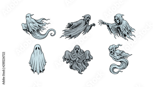 Canvas Print Spooky halloween ghost and grim reaper vector illustration set with creepy phant