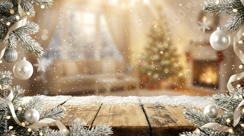 Rustic wooden table with snow and christmas decorations in a cozy blurred living room with a christmas tree and fireplace