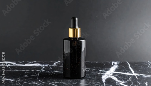 Elegant Black Serum Bottle on Marble Surface for Skincare.