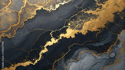 Abstract luxury background with black marble texture and gold veins, elegant fluid art design for modern interior decor
