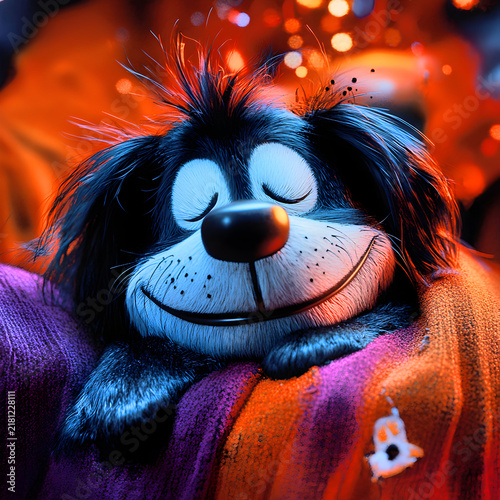 Cute Relaxed Cartoon Dog Portrait with Warm Orange Background