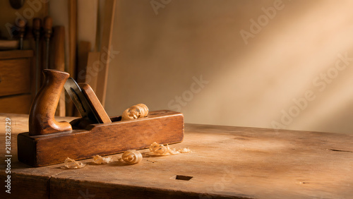 Traditional Wood Hand Plane on a Craft Workbench