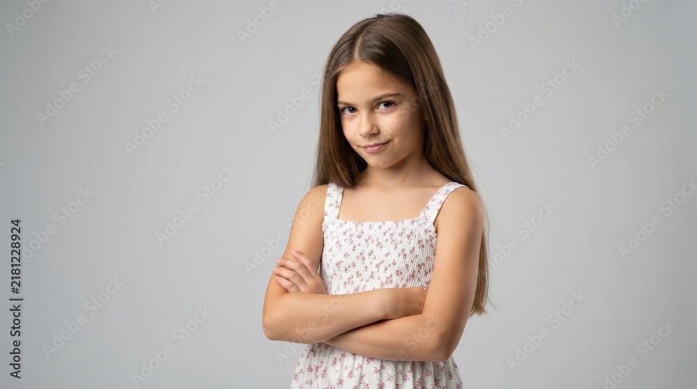 Obraz premium A cute girl with long brown hair posing on a gray background.