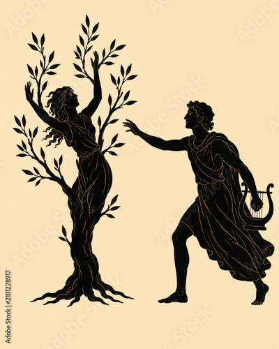 Greek Mythology in Silhouette — Apollo Reaching for Daphne as She Transforms into a Laurel Tree