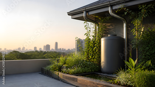 Rainwater Harvesting Tank in a Lush Rooftop Garden