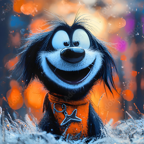 Happy Smiling Cartoon Dog with Warm Autumn Bokeh Background