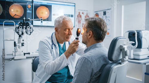 Senior Eye Doctor Using Ophthalmoscope on Male Patient