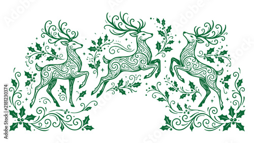 Three decorative green deer with intricate patterns and holly leaves