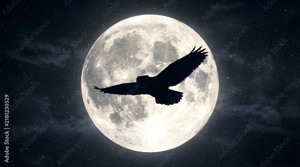 Fototapeta premium Silhouette of bird flying across giant full moon in dark starry night sky