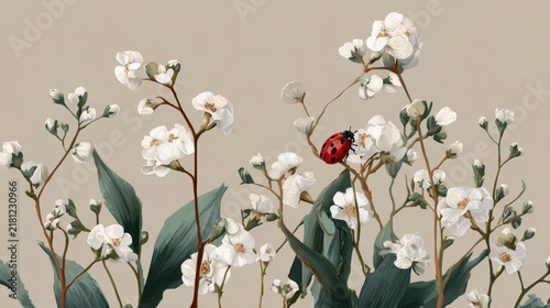 Beige background with delicate white flowers and green stems, featuring a red ladybug exploring flower petals, charming garden insect, nature wildlife, springtime floral scene, natural beauty and macr
