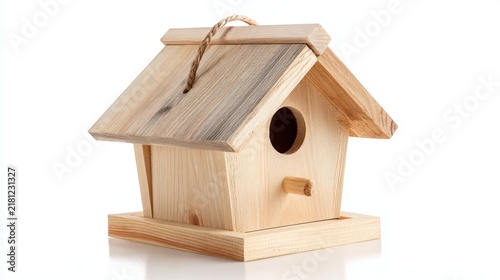 Handcrafted wooden birdhouse with natural finish and roof overhang for outdoor decor and garden aesthetics