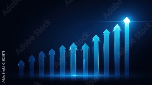 Dynamic growth chart with blue arrows representing business success and progress in a dark background