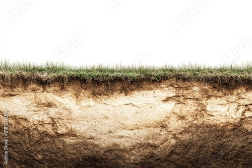 Close up of soil layers with grass on top illustrating natural earth composition and ecosystems