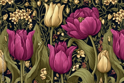 Vibrant floral pattern featuring colorful tulips and delicate blossoms on a dark background