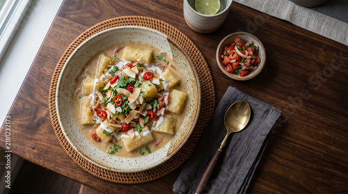 African stew dish: Cassava in coconut milk, on a table seen from above with copy space, ad image traditional African food
