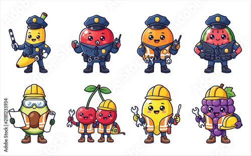 Cute cartoon fruits as police officers and construction workers