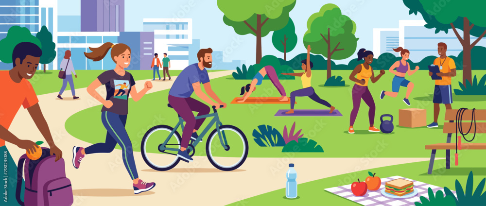 Fototapeta premium People Exercising Running Cycling and Gardening Outdoors.