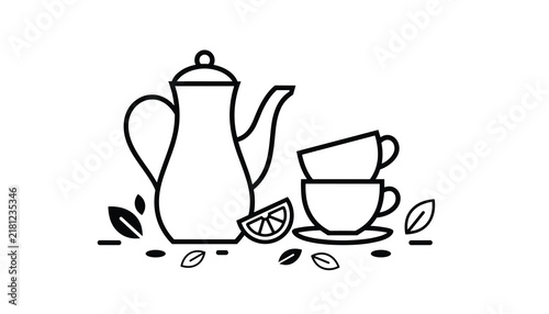 Minimalist black and white line art illustration featuring traditional teapot and teacups surrounded by tea leaves and lemon slice.