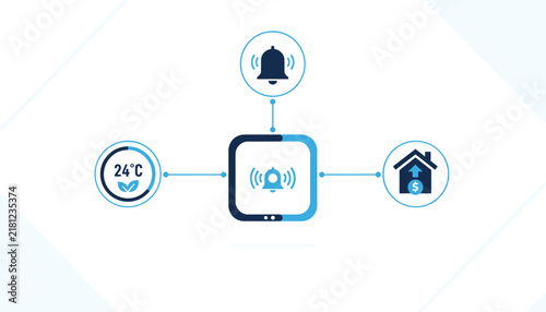 Smart home technology interface icons showing temperature control and security system connected to house value increase on blue background.