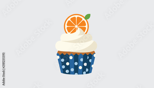 Delicious cupcake with fluffy white frosting and fresh orange slice garnish in blue polka dot paper liner against light grey background.