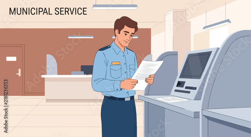 Man in uniform looks at documents in front of a kiosk