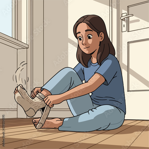 Young girl wraps her ankle with a bandage
