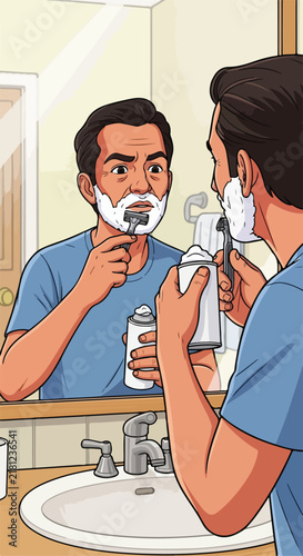 Man shaving his face with a razor and foam in a bathroom mirror
